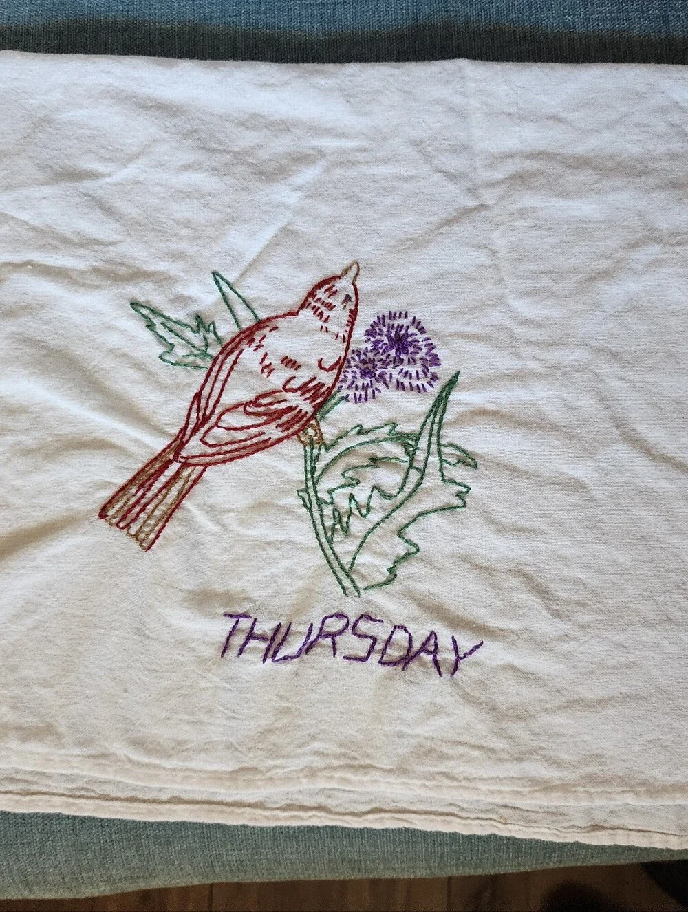 8 Vintage Embroidered Birds & Day Of The Week White Tea Towels